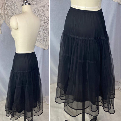 Vintage 1950's Petticoat | Black Nylon with Tulle & Satin Ribbon | Size XS, S, M | American Maid - Daggers & Dames