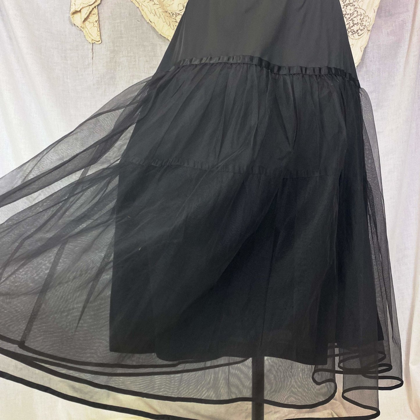 Vintage 1950's Petticoat | Black Nylon with Tulle & Satin Ribbon | Size XS, S, M | American Maid - Daggers & Dames