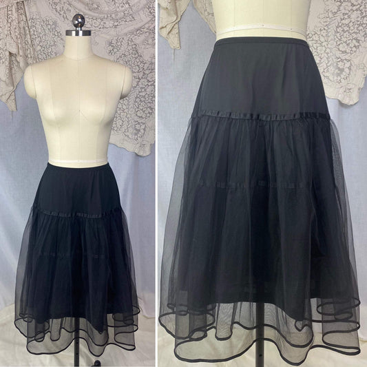 Vintage 1950's Petticoat | Black Nylon with Tulle & Satin Ribbon | Size XS, S, M | American Maid - Daggers & Dames