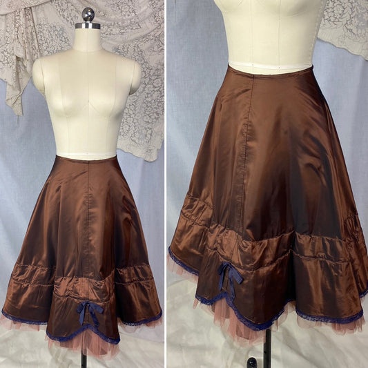 Vintage 1950's Petticoat | Bronze Nylon Taffeta with Navy Blue Lace & Mocha Tulle | Size XS, S - Daggers & Dames