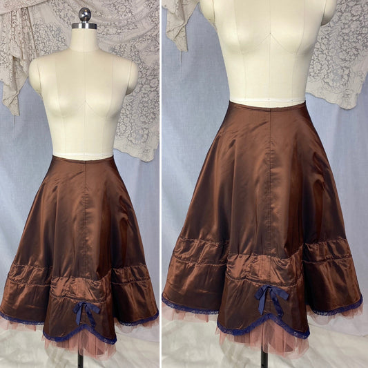 Vintage 1950's Petticoat | Bronze Nylon Taffeta with Navy Blue Lace & Mocha Tulle | Size XS, S - Daggers & Dames