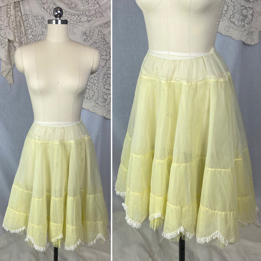Vintage 1950's Petticoat | Lemonade Yellow Nylon Chiffon with White Swiss Dots & Lace Scalloped Edge | Size S, M, LG | Colonial Lady - Daggers & Dames
