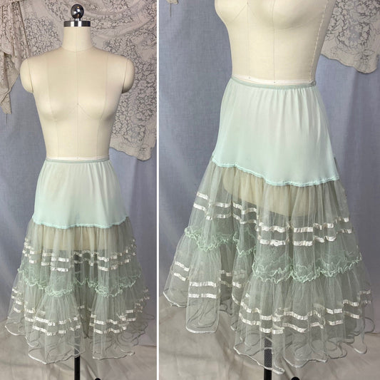 Vintage 1950's Petticoat | Sage Green Nylon with Lush Tulle Ruffles | Size XS, S, M - Daggers & Dames