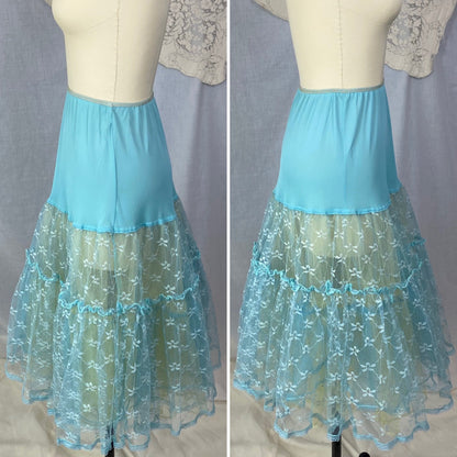 Vintage 1950's Petticoat | Sky Blue Nylon with Lace Embroidery and Yellow Tulle Ruffles | Size XS, S - Daggers & Dames