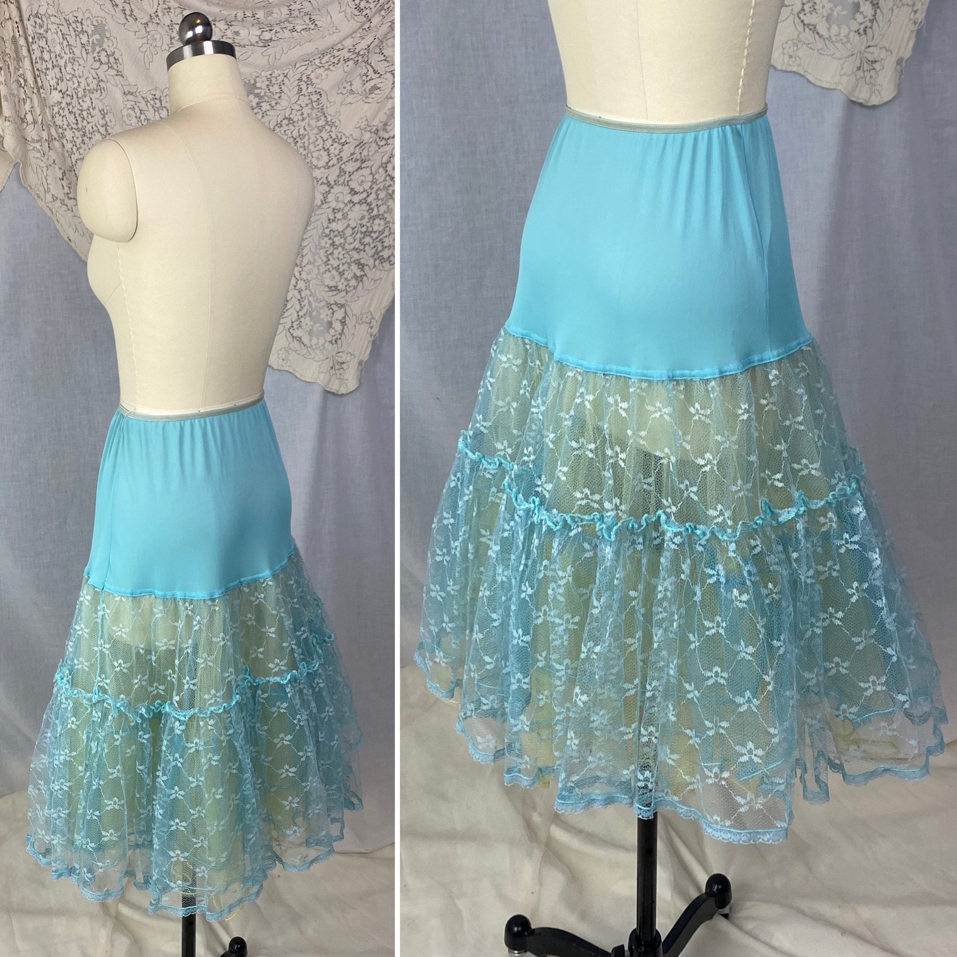 Vintage 1950's Petticoat | Sky Blue Nylon with Lace Embroidery and Yellow Tulle Ruffles | Size XS, S - Daggers & Dames
