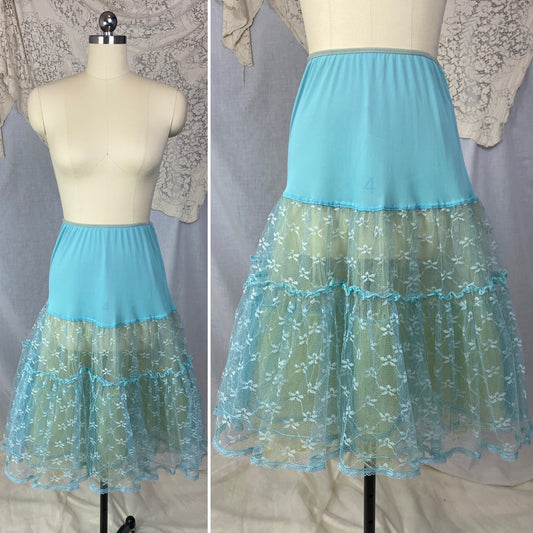 Vintage 1950's Petticoat | Sky Blue Nylon with Lace Embroidery and Yellow Tulle Ruffles | Size XS, S - Daggers & Dames
