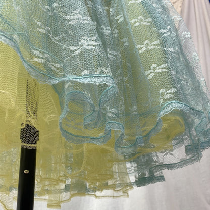 Vintage 1950's Petticoat | Sky Blue Nylon with Lace Embroidery and Yellow Tulle Ruffles | Size XS, S - Daggers & Dames