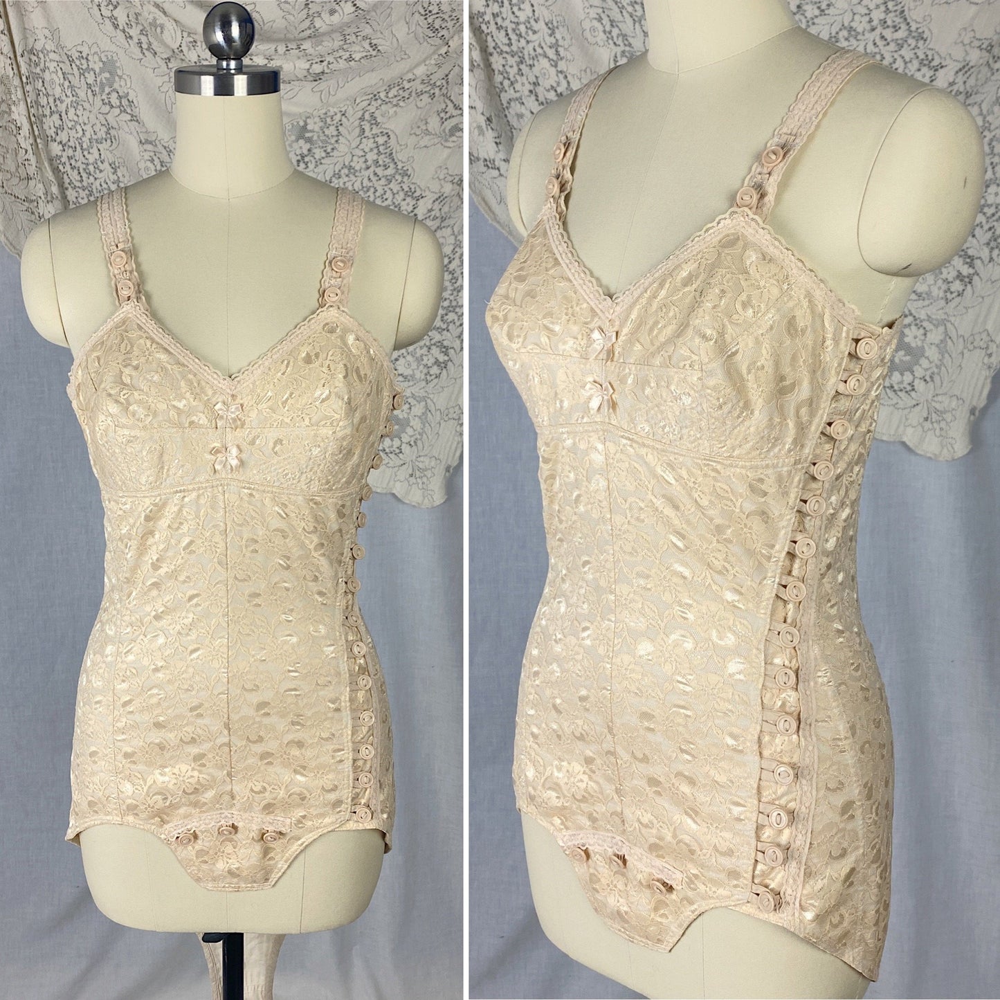 Vintage 1950's Playsuit | Fair Nude Nylon Floral Lace & Cotton with Button Closure | Size XS, S - Daggers & Dames