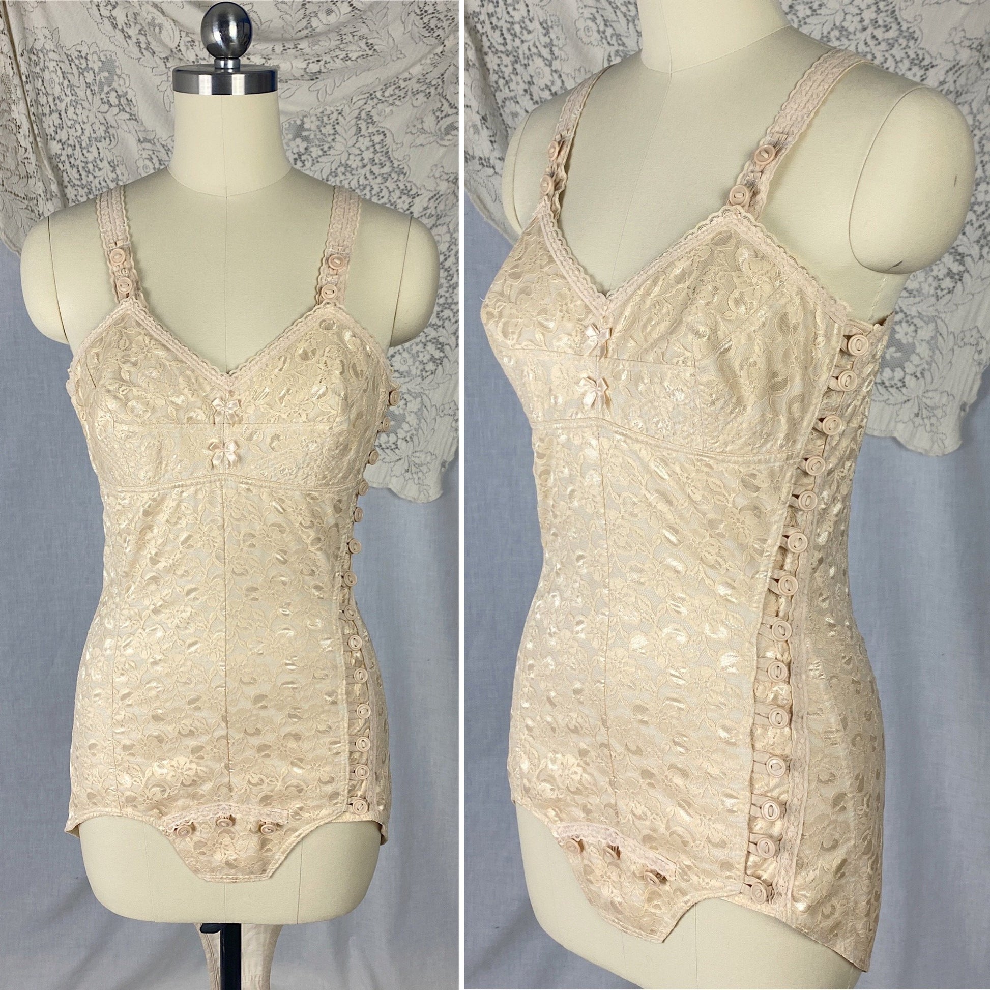 Vintage 1950's Playsuit | Fair Nude Nylon Floral Lace & Cotton with Button Closure | Size XS, S - Daggers & Dames