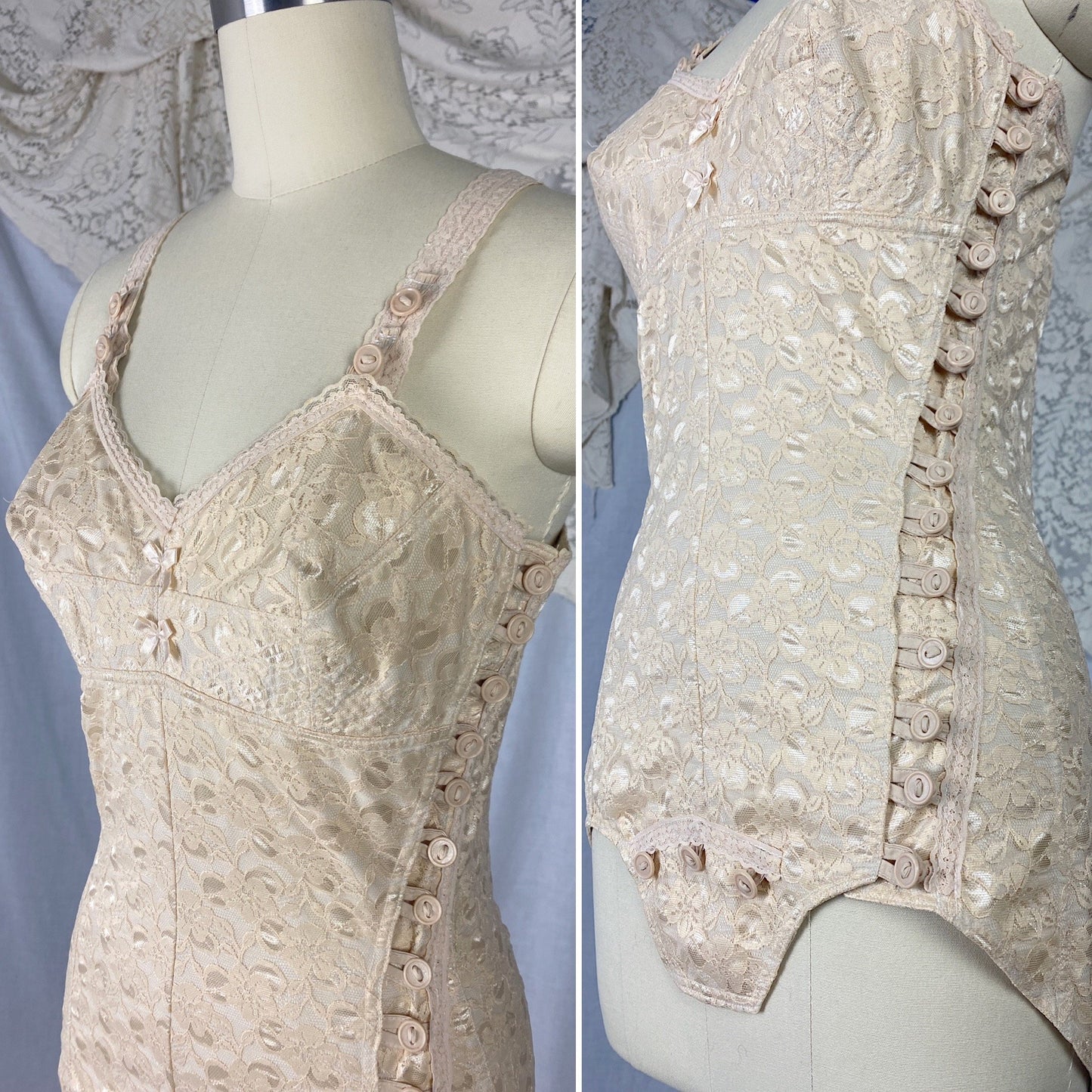 Vintage 1950's Playsuit | Fair Nude Nylon Floral Lace & Cotton with Button Closure | Size XS, S - Daggers & Dames