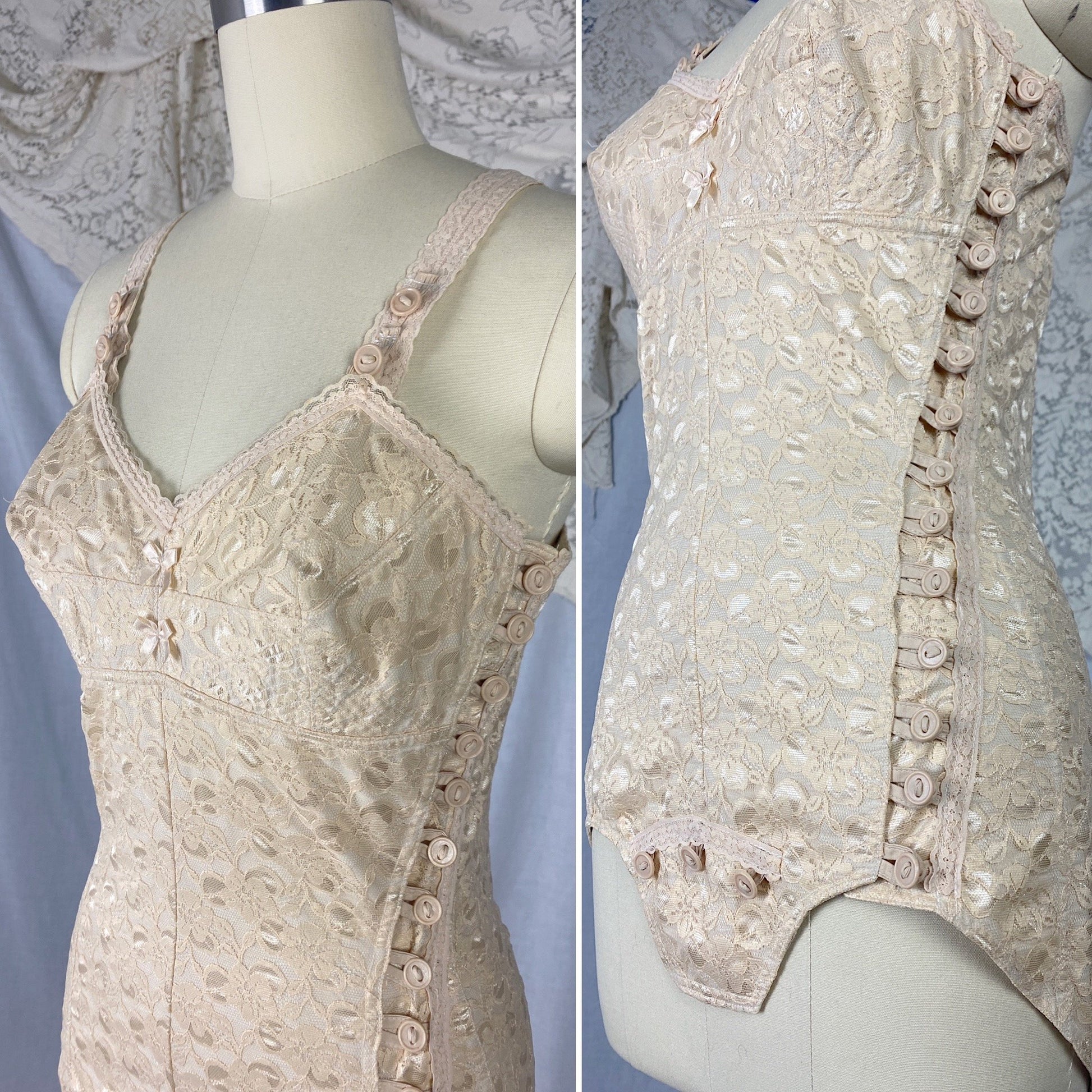 Vintage 1950's Playsuit | Fair Nude Nylon Floral Lace & Cotton with Button Closure | Size XS, S - Daggers & Dames