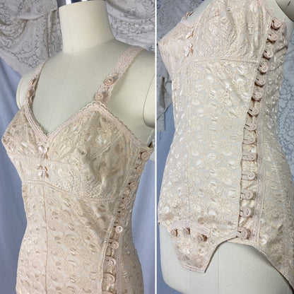 Vintage 1950's Playsuit | Fair Nude Nylon Floral Lace & Cotton with Button Closure | Size XS, S - Daggers & Dames