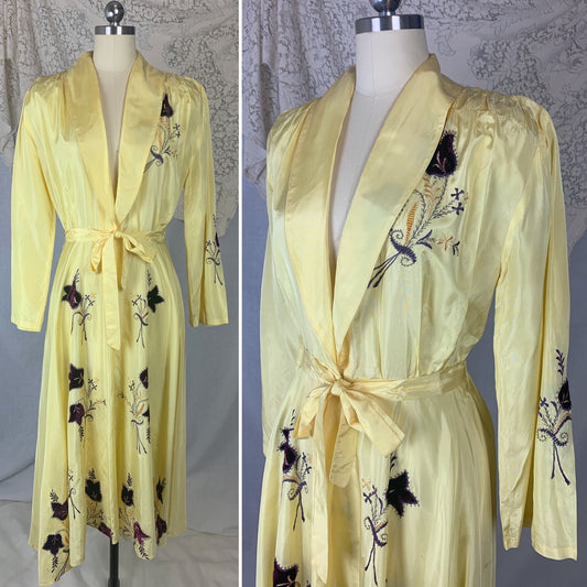 Vintage 1950's Robe | Lemon Yellow Rayon Taffeta with Purple Velvet Floral Appliqués | Size M - Daggers & Dames