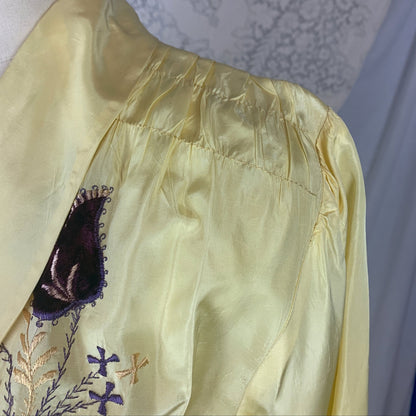 Vintage 1950's Robe | Lemon Yellow Rayon Taffeta with Purple Velvet Floral Appliqués | Size M - Daggers & Dames