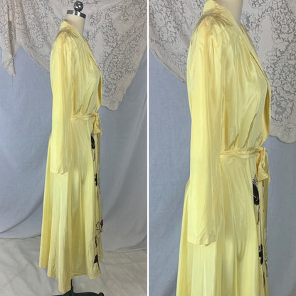 Vintage 1950's Robe | Lemon Yellow Rayon Taffeta with Purple Velvet Floral Appliqués | Size M - Daggers & Dames