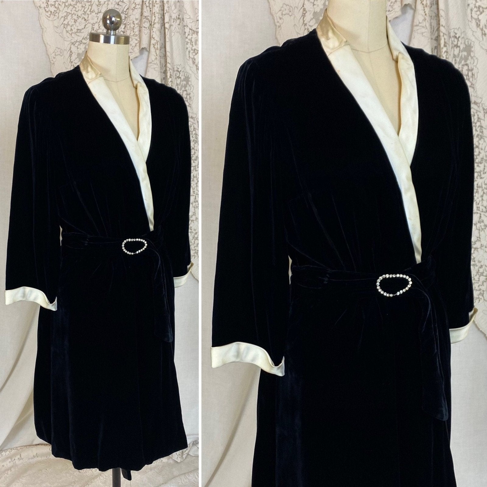 Vintage 1950's Robe | Lush Black Rayon Velvet with Pearly White Satin Trim & Rhinestone Belt | Size M | RK Originals - Daggers & Dames