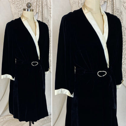 Vintage 1950's Robe | Lush Black Rayon Velvet with Pearly White Satin Trim & Rhinestone Belt | Size M | RK Originals - Daggers & Dames