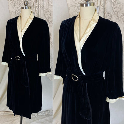 Vintage 1950's Robe | Lush Black Rayon Velvet with Pearly White Satin Trim & Rhinestone Belt | Size M | RK Originals - Daggers & Dames