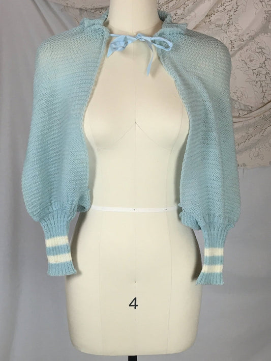 Vintage 1950's Shoulderette Shrug | Baby Blue & White Yarn Knit with Satin Tie | Size XS, SM, MED - Daggers & Dames
