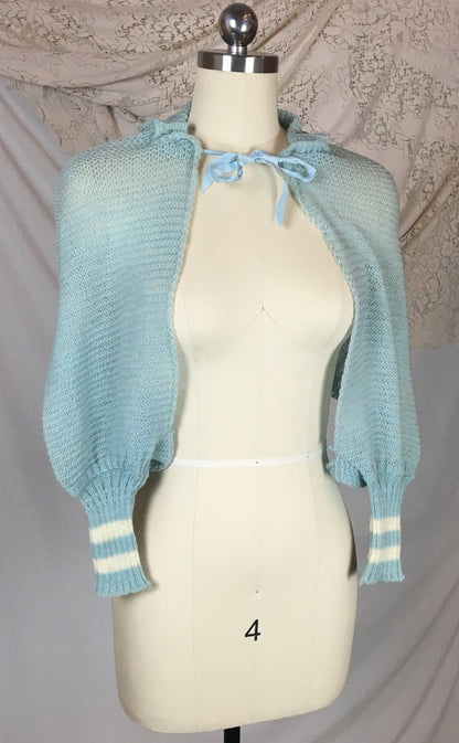 Vintage 1950's Shoulderette Shrug | Baby Blue & White Yarn Knit with Satin Tie | Size XS, SM, MED - Daggers & Dames