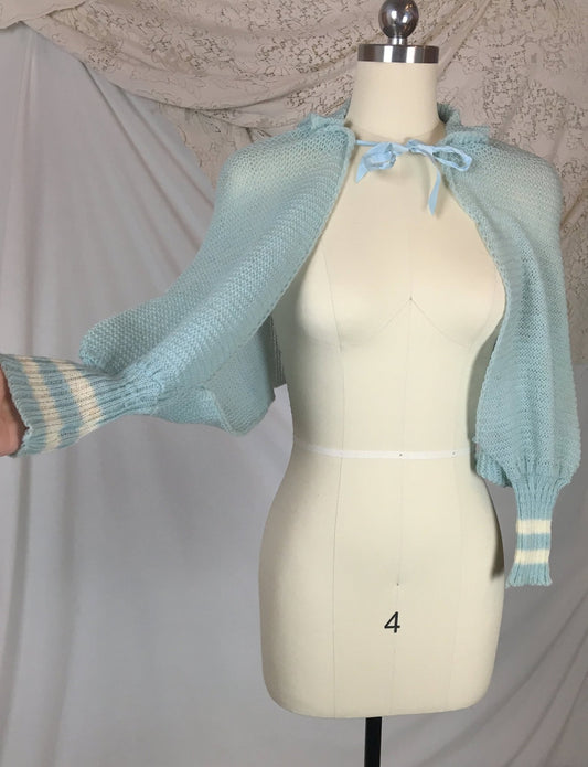 Vintage 1950's Shoulderette Shrug | Baby Blue & White Yarn Knit with Satin Tie | Size XS, SM, MED - Daggers & Dames