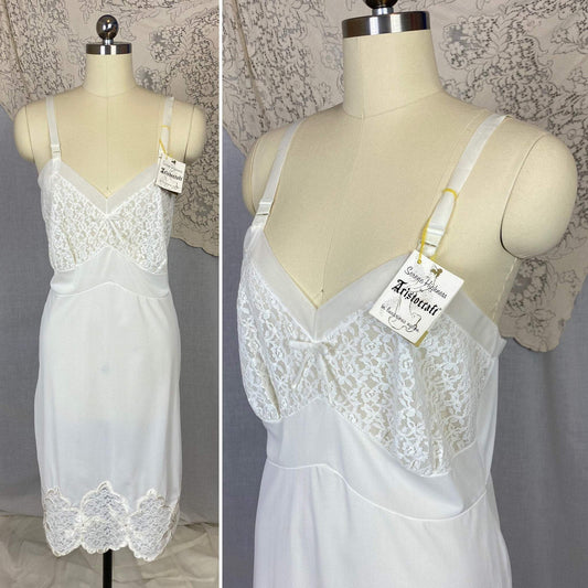 Vintage 1950's Slip | Bright White Nylon with Lace & Pearl Beading | Size 36-40 Bust, M/LG | Aristocraft, New with Tags - Daggers & Dames
