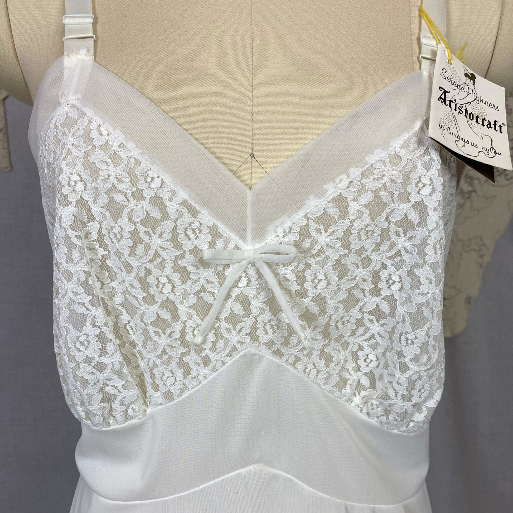 Vintage 1950's Slip | Bright White Nylon with Lace & Pearl Beading | Size 36-40 Bust, M/LG | Aristocraft, New with Tags - Daggers & Dames