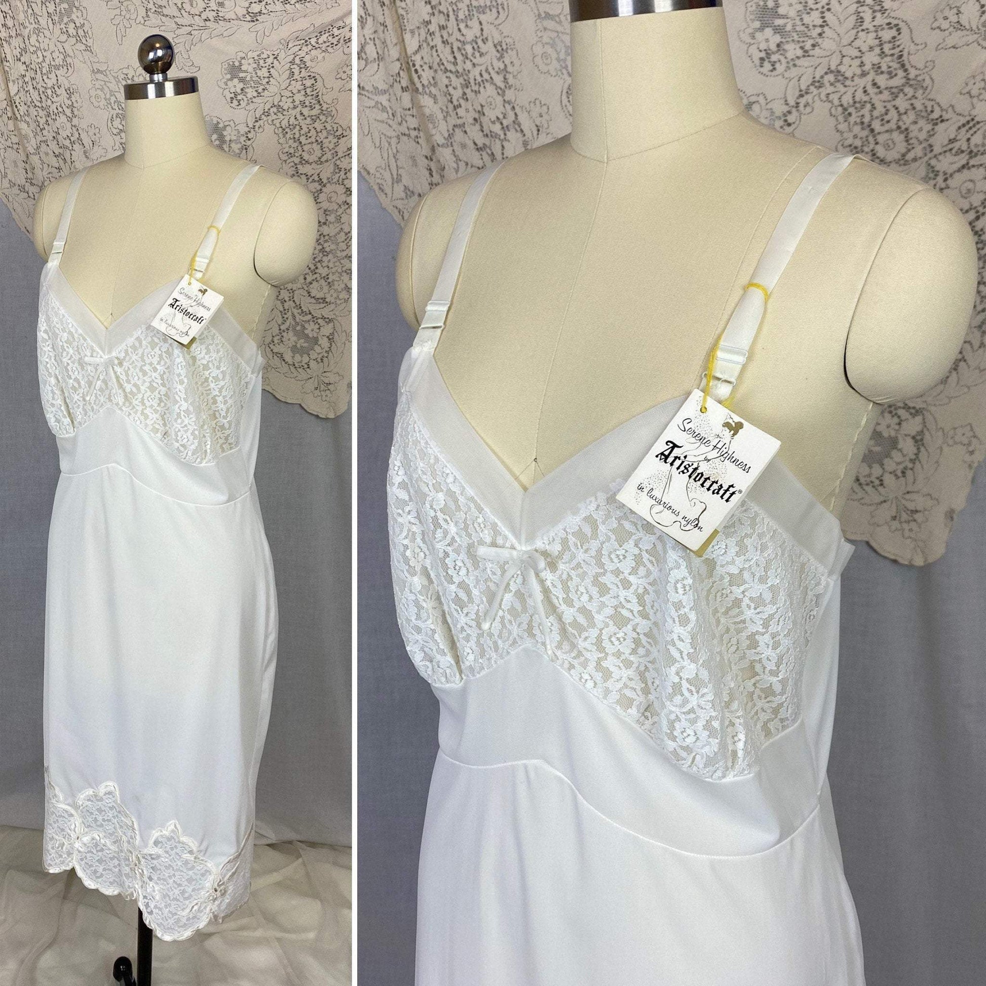 Vintage 1950's Slip | Bright White Nylon with Lace & Pearl Beading | Size 36-40 Bust, M/LG | Aristocraft, New with Tags - Daggers & Dames