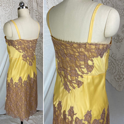 Vintage 1950's Slip | Golden Yellow Rayon Satin with Mocha Lace & Ann Monogram | Size M, LG - Daggers & Dames