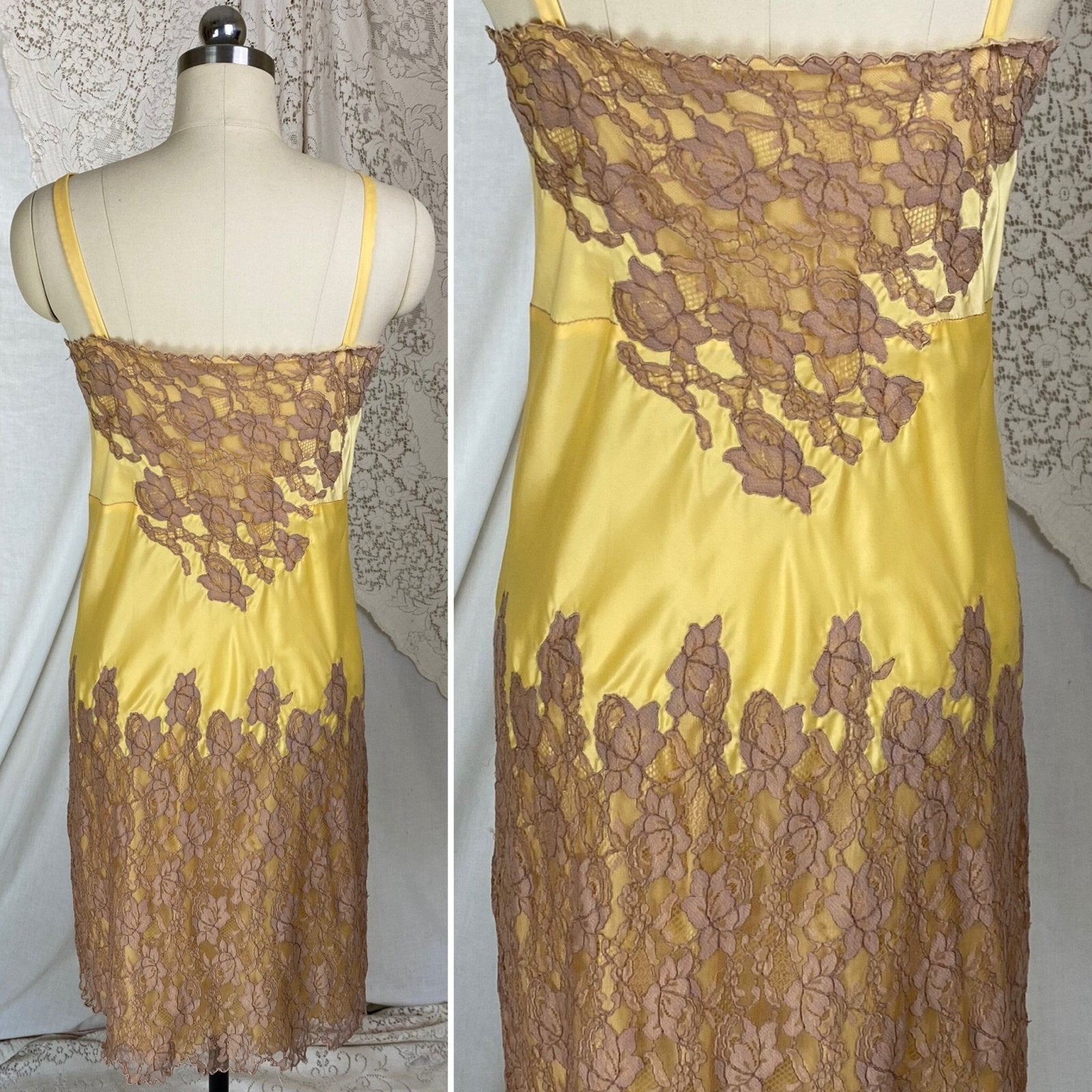 Vintage 1950's Slip | Golden Yellow Rayon Satin with Mocha Lace & Ann Monogram | Size M, LG - Daggers & Dames