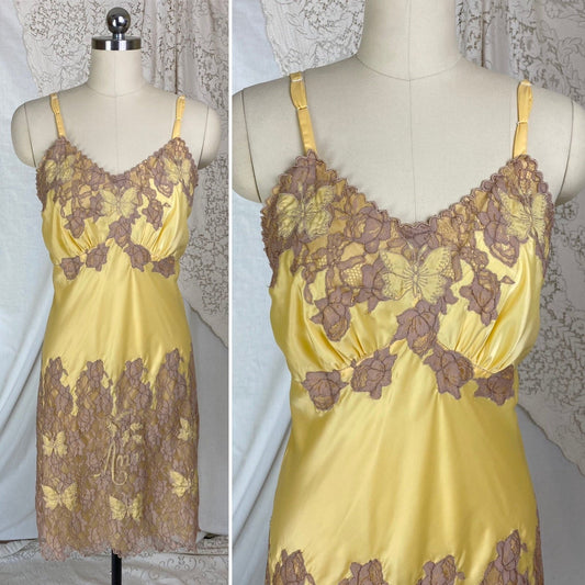 Vintage 1950's Slip | Golden Yellow Rayon Satin with Mocha Lace & Ann Monogram | Size M, LG - Daggers & Dames