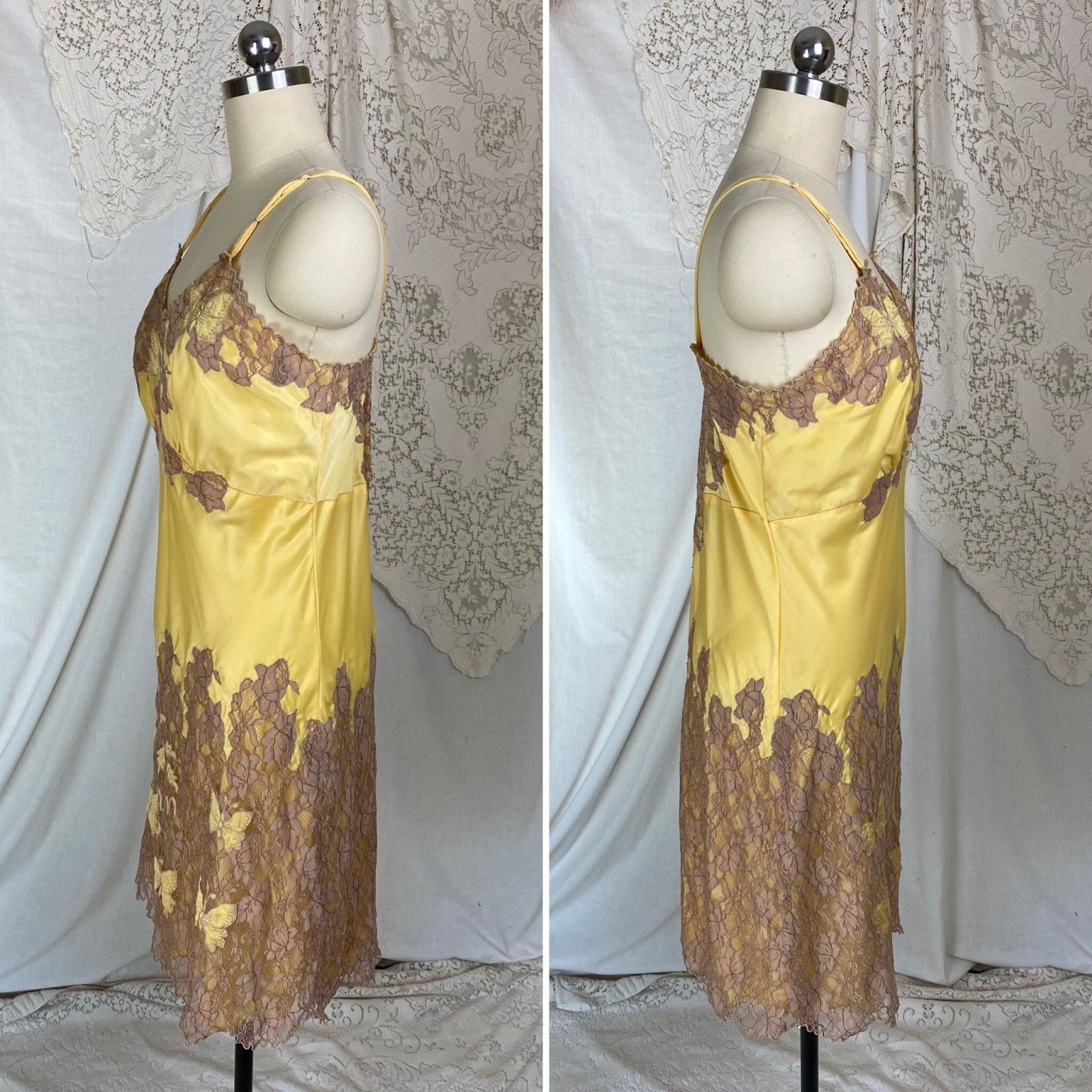 Vintage 1950's Slip | Golden Yellow Rayon Satin with Mocha Lace & Ann Monogram | Size M, LG - Daggers & Dames