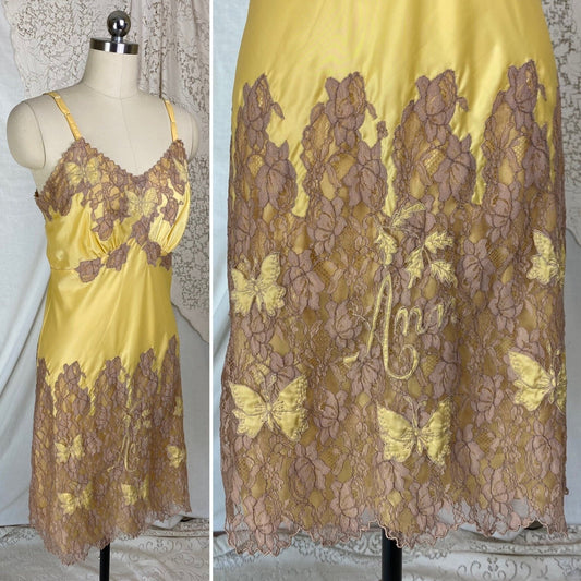 Vintage 1950's Slip | Golden Yellow Rayon Satin with Mocha Lace & Ann Monogram | Size M, LG - Daggers & Dames