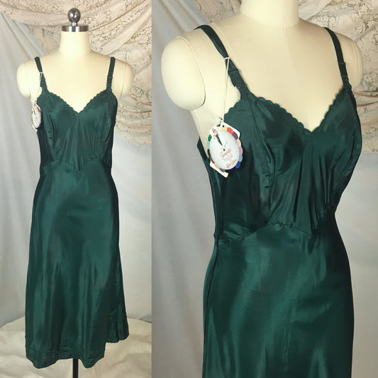 Vintage 1950's Slip | Hunter Green Acetate Taffeta with Bias Cut | Seamprufe - New with Tags | Size SM - Daggers & Dames