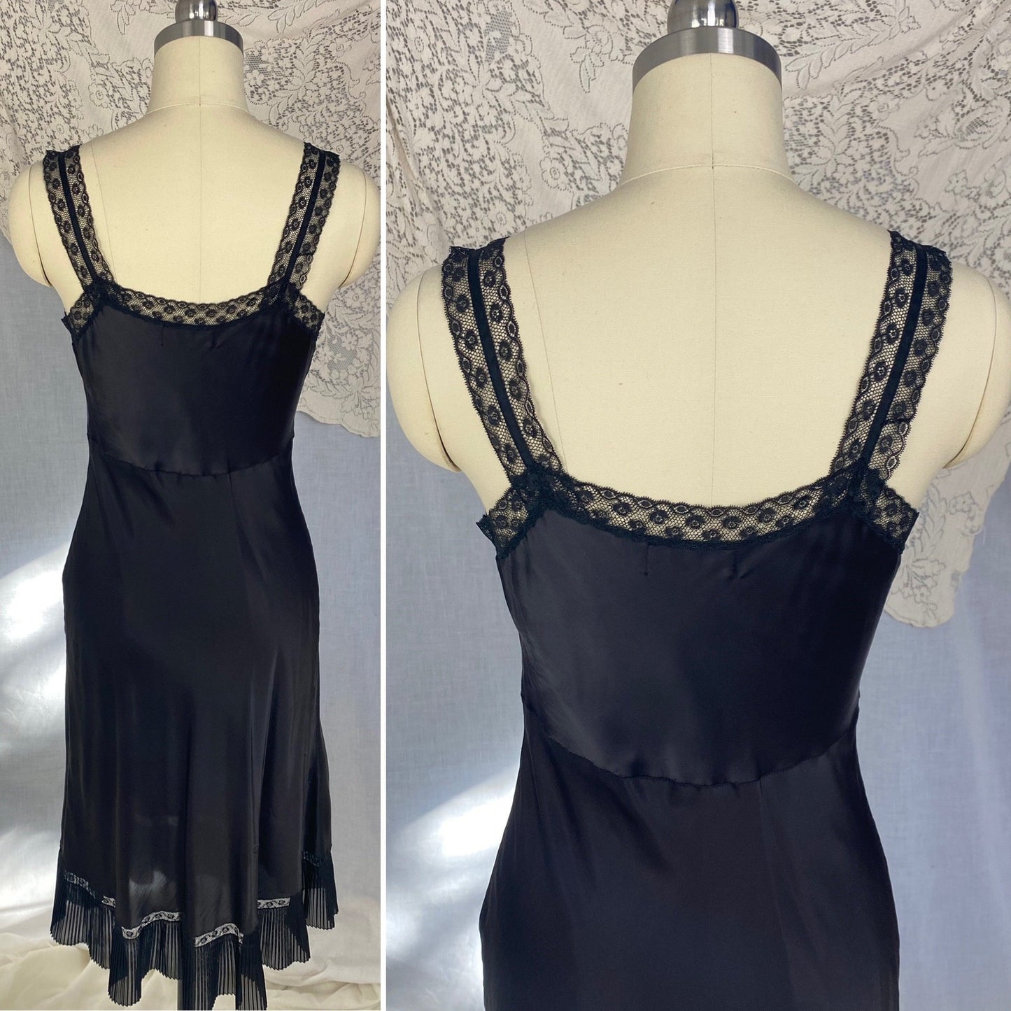 Vintage 1950's Slip | Inky Black Rayon Satin with Crystal Pleated Chiffon Ruffled Hem & Lace | Size XS - Daggers & Dames