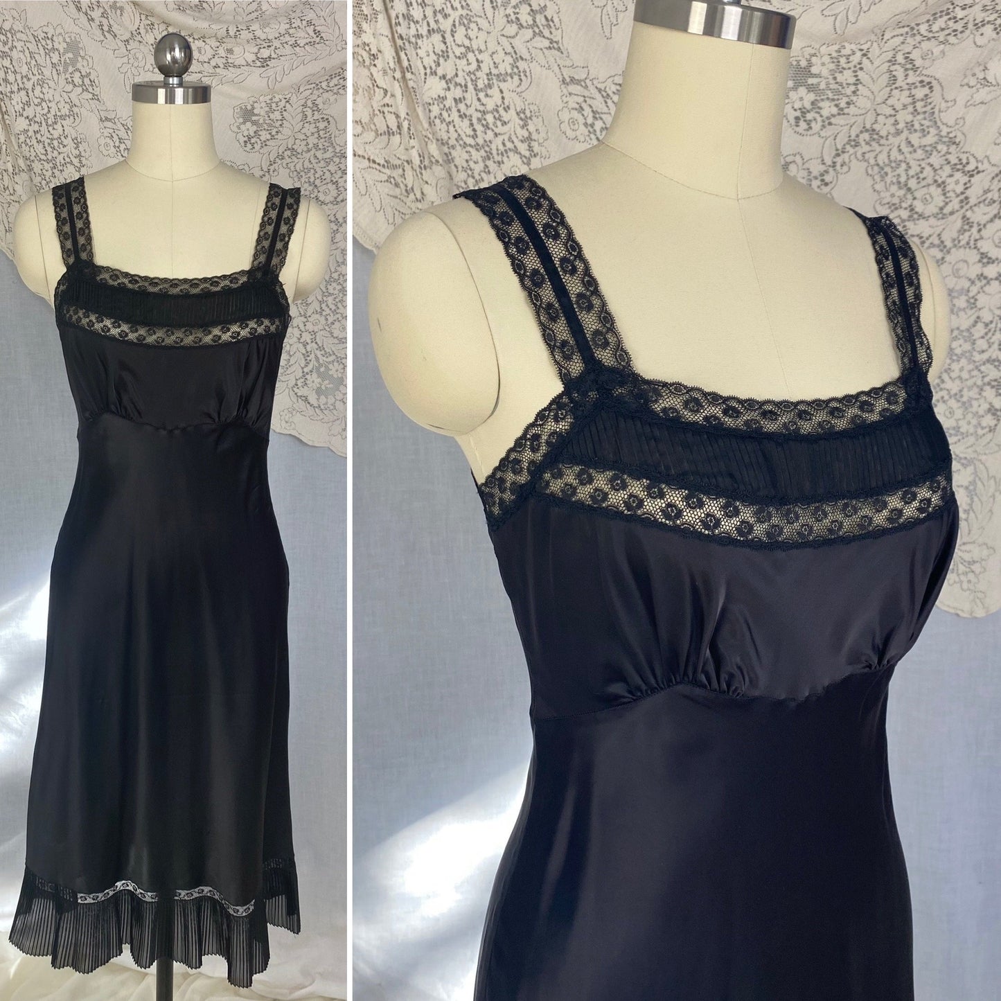 Vintage 1950's Slip | Inky Black Rayon Satin with Crystal Pleated Chiffon Ruffled Hem & Lace | Size XS - Daggers & Dames