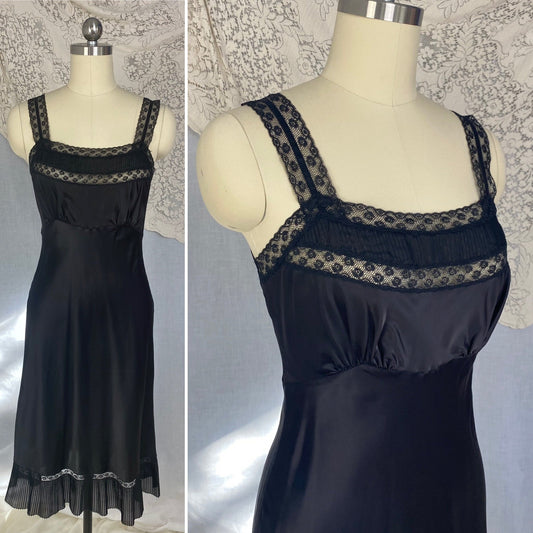Vintage 1950's Slip | Inky Black Rayon Satin with Crystal Pleated Chiffon Ruffled Hem & Lace | Size XS - Daggers & Dames