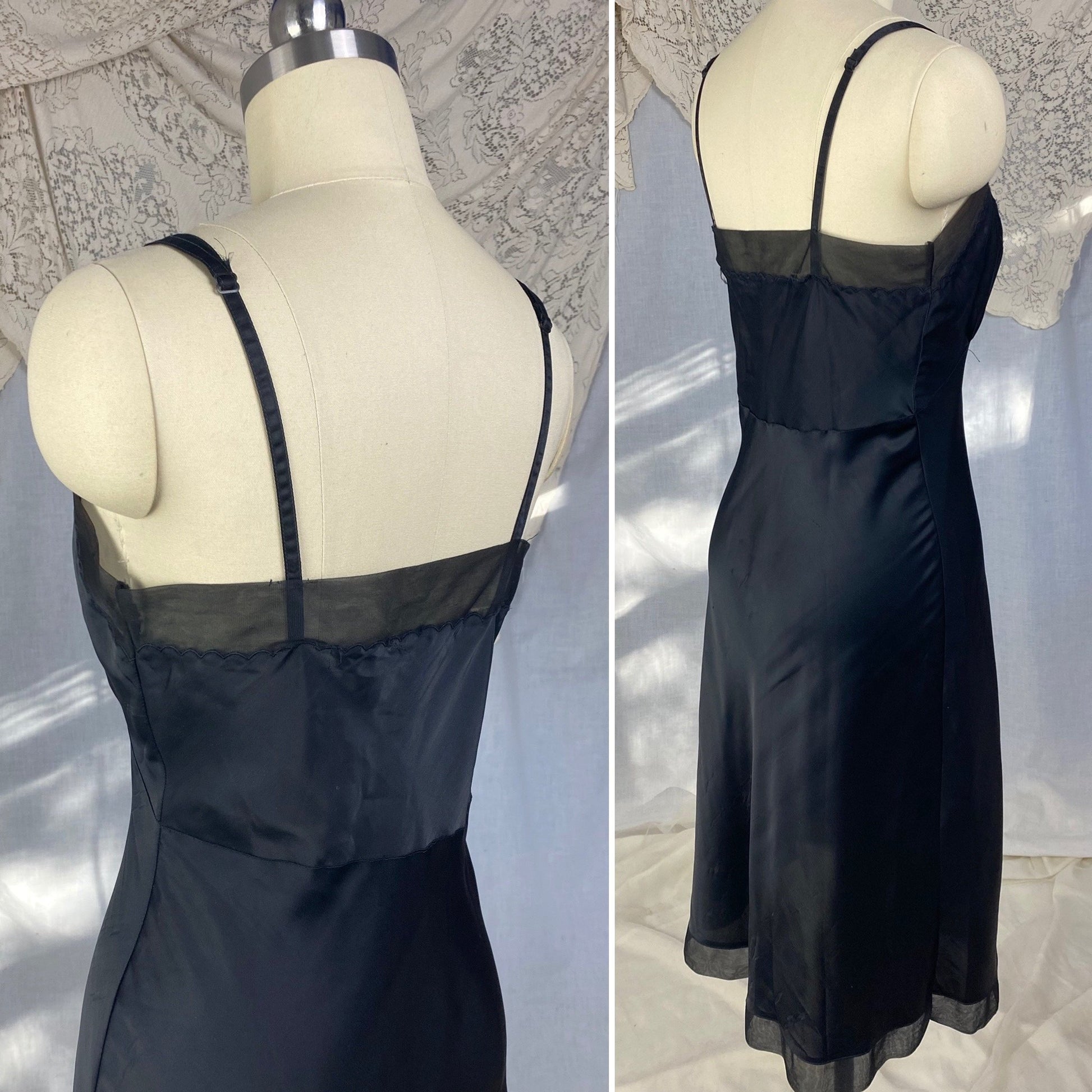 Vintage 1950's Slip | Inky Black Rayon Satin with Crystal Pleated Chiffon Ruffled Hem & Lace | Size XS - Daggers & Dames