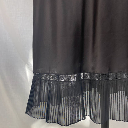 Vintage 1950's Slip | Inky Black Rayon Satin with Crystal Pleated Chiffon Ruffled Hem & Lace | Size XS - Daggers & Dames