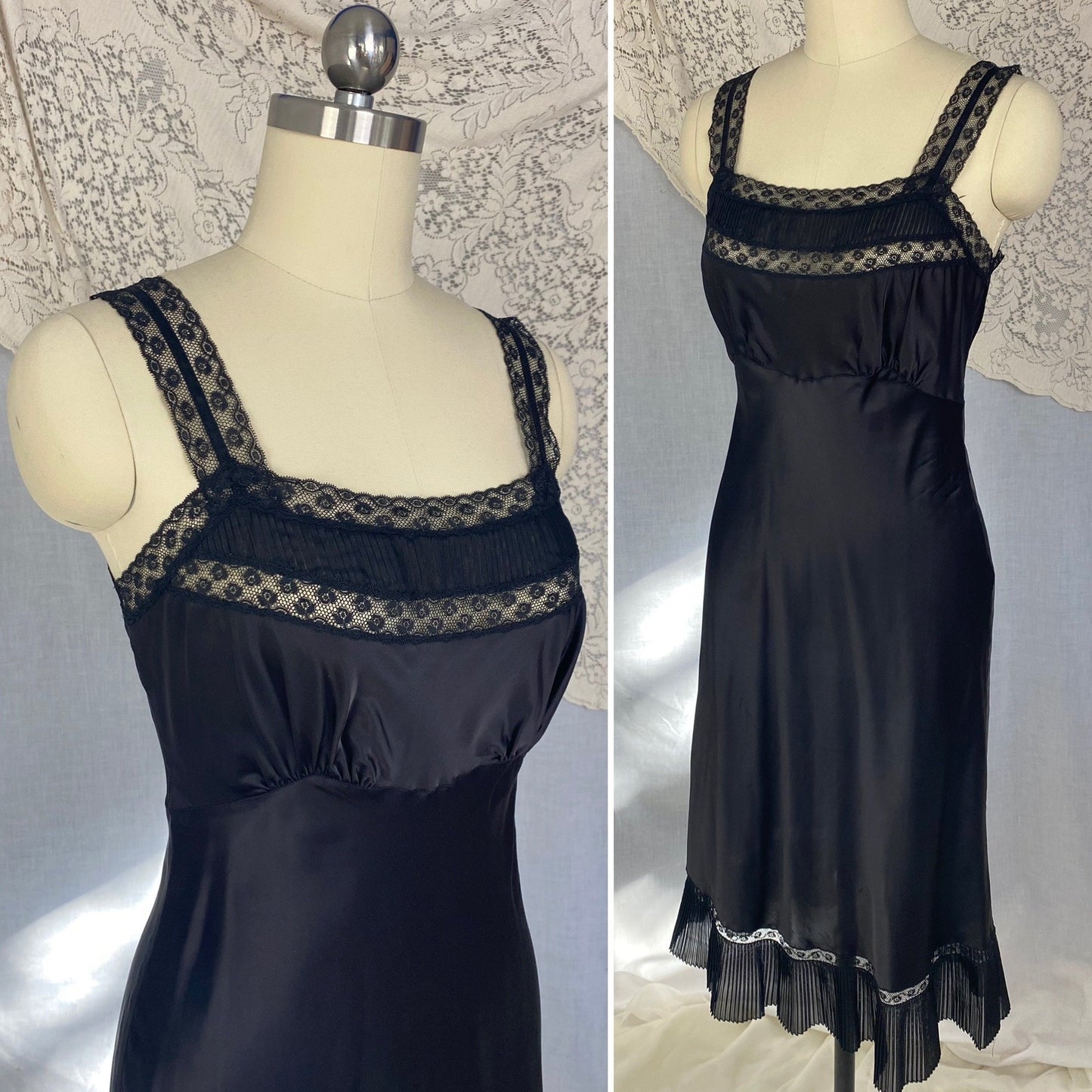 Vintage 1950's Slip | Inky Black Rayon Satin with Crystal Pleated Chiffon Ruffled Hem & Lace | Size XS - Daggers & Dames