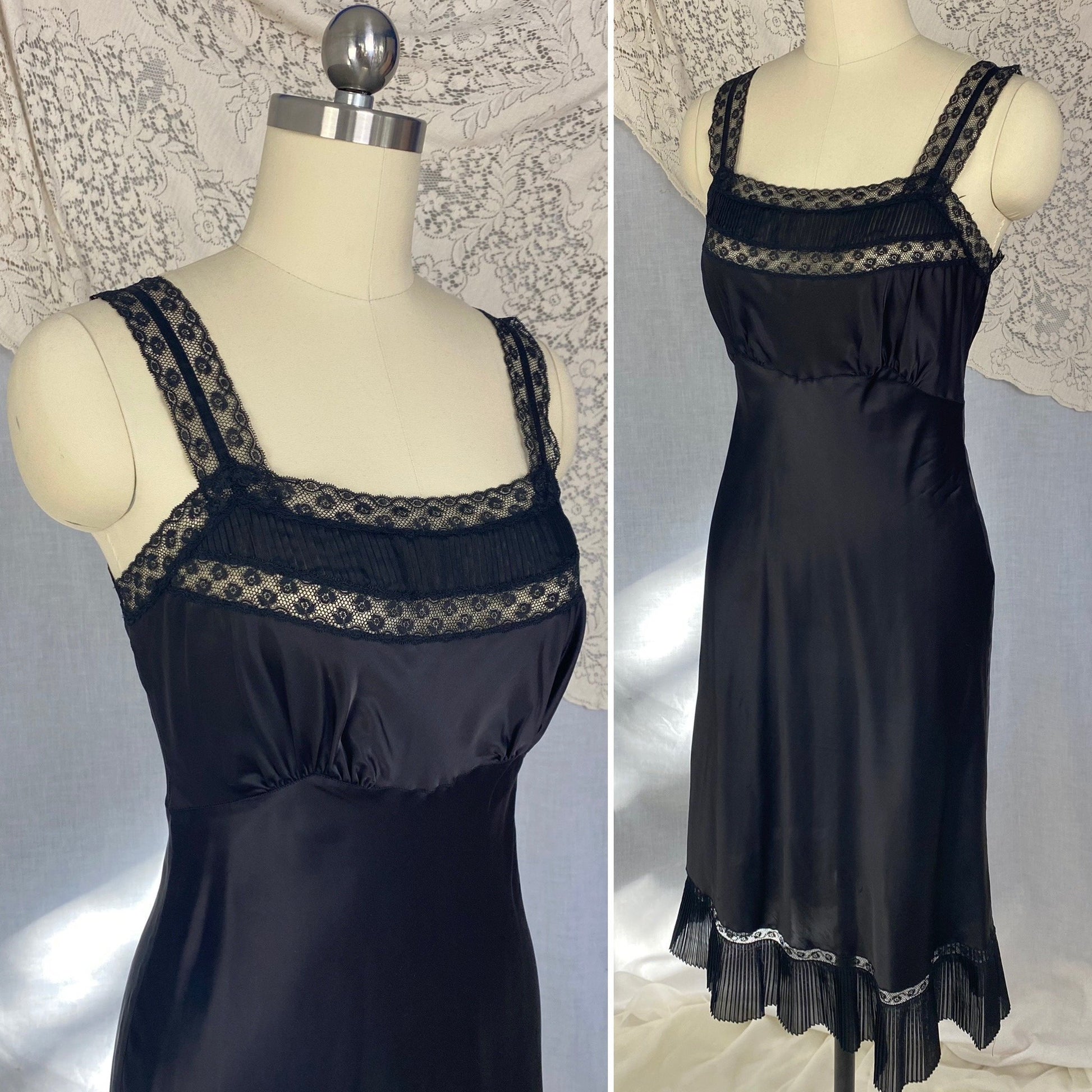 Vintage 1950's Slip | Inky Black Rayon Satin with Crystal Pleated Chiffon Ruffled Hem & Lace | Size XS - Daggers & Dames