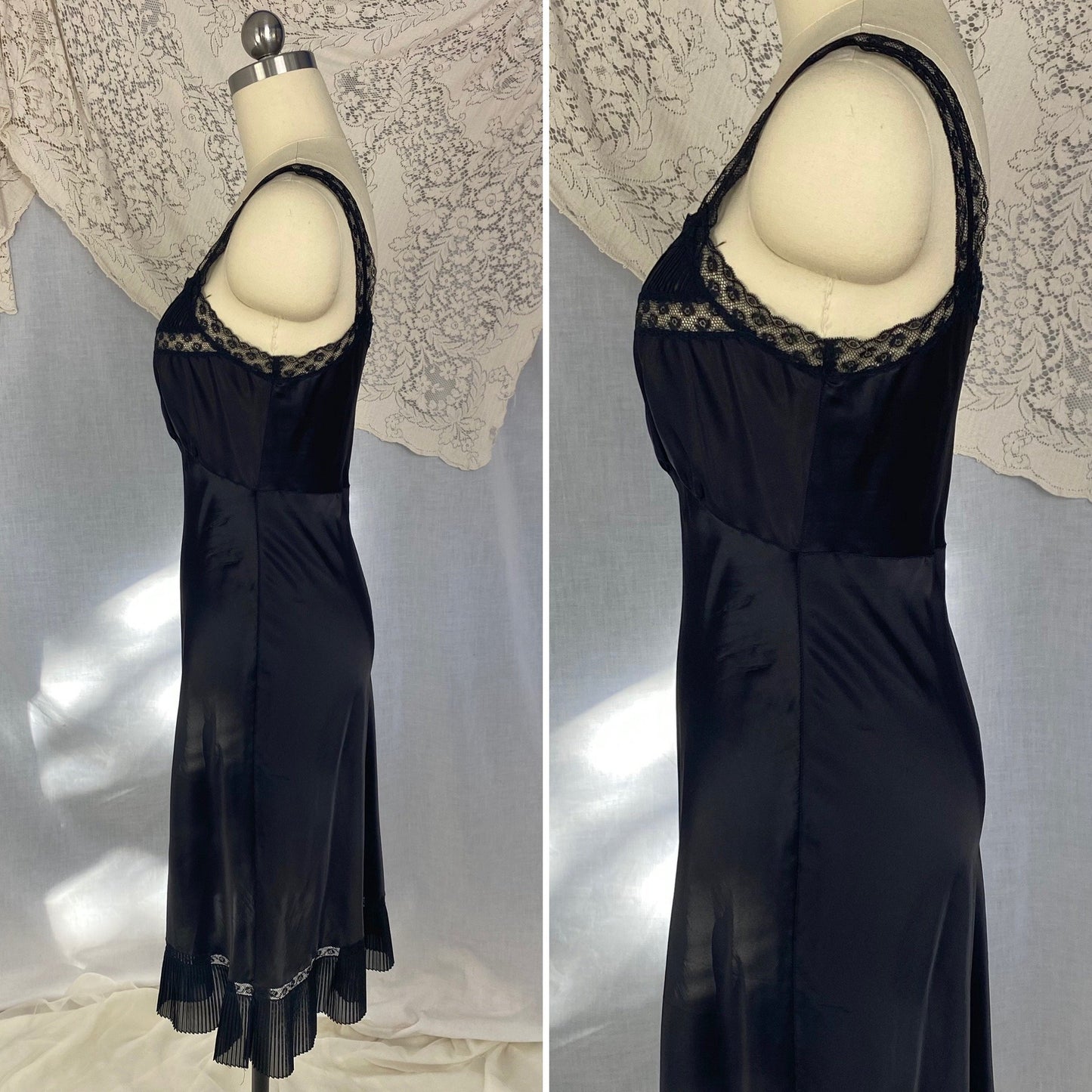 Vintage 1950's Slip | Inky Black Rayon Satin with Crystal Pleated Chiffon Ruffled Hem & Lace | Size XS - Daggers & Dames