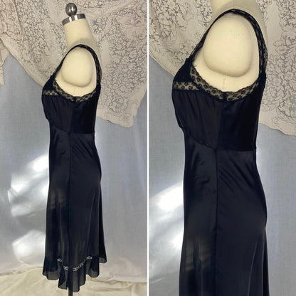 Vintage 1950's Slip | Inky Black Rayon Satin with Crystal Pleated Chiffon Ruffled Hem & Lace | Size XS - Daggers & Dames