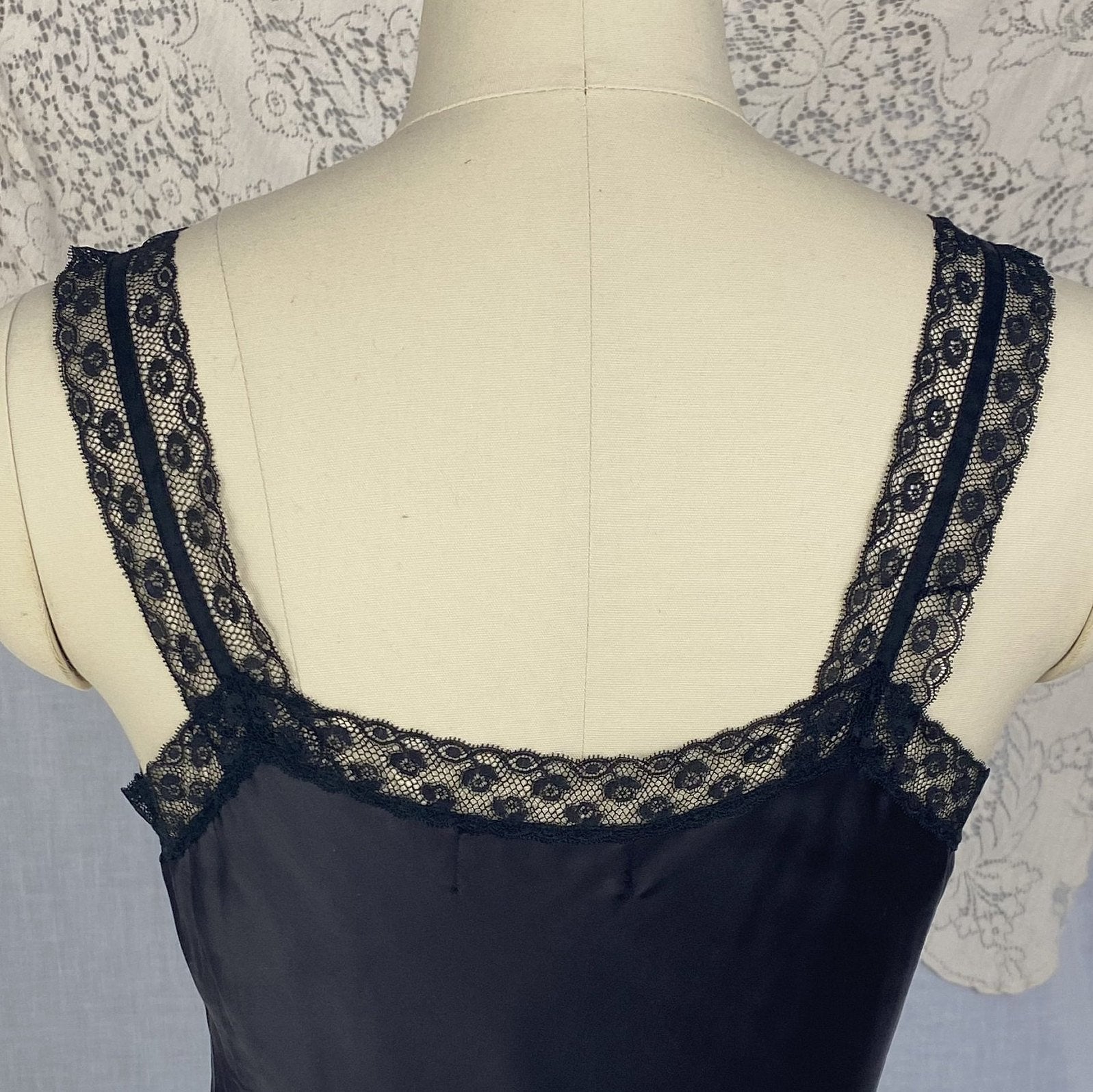 Vintage 1950's Slip | Inky Black Rayon Satin with Crystal Pleated Chiffon Ruffled Hem & Lace | Size XS - Daggers & Dames