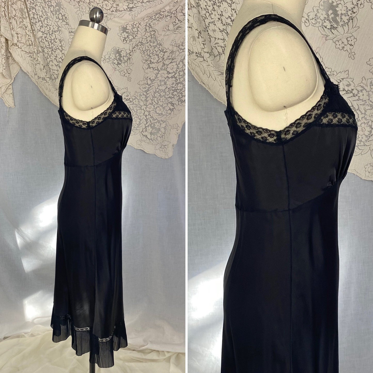 Vintage 1950's Slip | Inky Black Rayon Satin with Crystal Pleated Chiffon Ruffled Hem & Lace | Size XS - Daggers & Dames