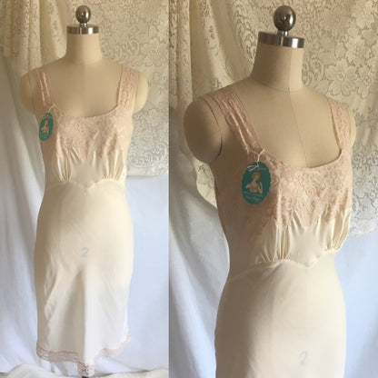 Vintage 1950's Slip | Ivory Dupont Nylon & Blush Pink Lace | New Old Stock | Lady Lynn | Slip Dress | Size SM - Daggers & Dames