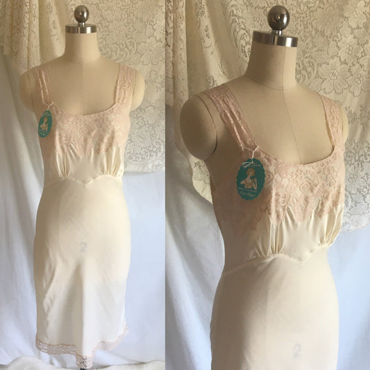 Vintage 1950's Slip | Ivory Dupont Nylon & Blush Pink Lace | New Old Stock | Lady Lynn | Slip Dress | Size SM - Daggers & Dames