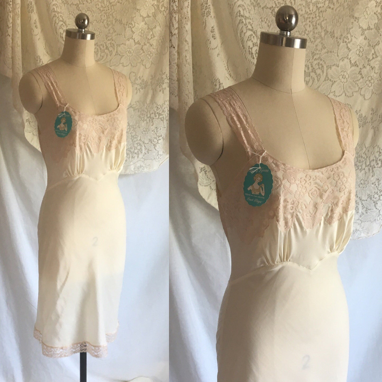 Vintage 1950's Slip | Ivory Dupont Nylon & Blush Pink Lace | New Old Stock | Lady Lynn | Slip Dress | Size SM - Daggers & Dames