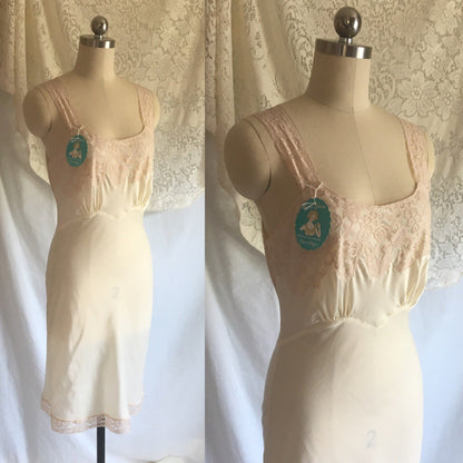Vintage 1950's Slip | Ivory Dupont Nylon & Blush Pink Lace | New Old Stock | Lady Lynn | Slip Dress | Size SM - Daggers & Dames