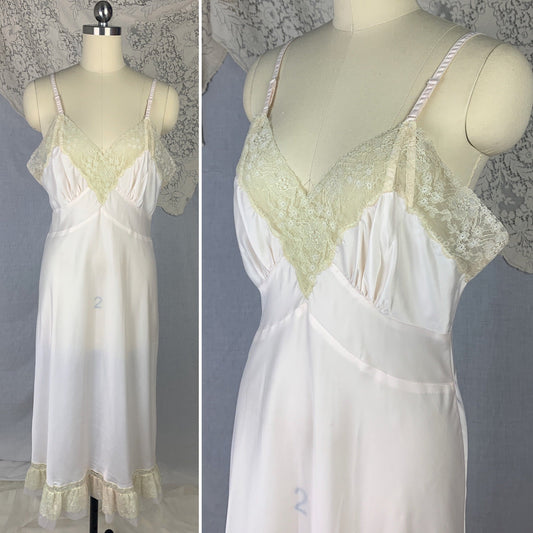 Vintage 1950's Slip | Palest Pink Nylon Satin with Ruffled Chiffon & Floral Lace | Size M, LG | Lady Lynn -Never Worn - Daggers & Dames